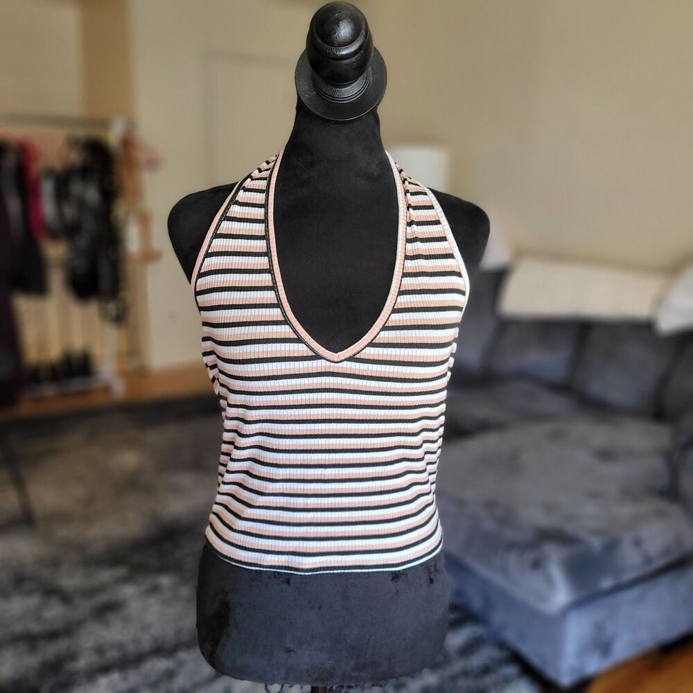 Striped Halter Top Tan White and Black Size XL Women's Top Sleeveless Summer Top